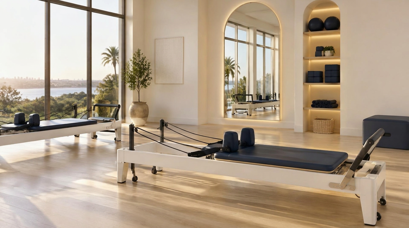 Modern Pilates studio with a navy reformer